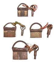 An Egyptian style steel screw padlock, 18th or 19th c, 6cm l and three other similar, smaller
