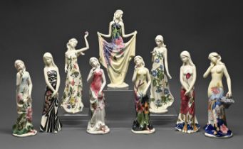 Nine Old Tupton Ware figures of young women, 30cm h and circa, printed mark, each boxed