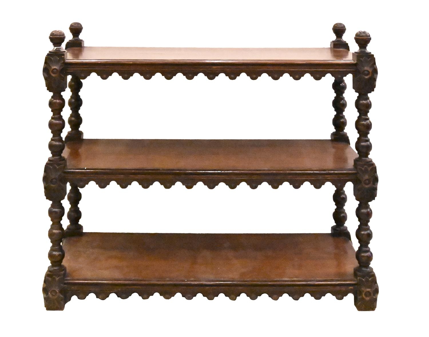 A Victorian oak dumb waiter, with turned and carved uprights, ball finials, 110cm h; 51 x 122cm