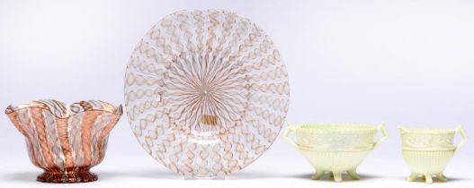 A Venetian glass finger bowl and stand and a Sowerby aesthetic movement press moulded glass cream