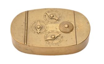 An English sheet brass snuff or tobacco box, early 19th c, with three dial combination lock, 82mm
