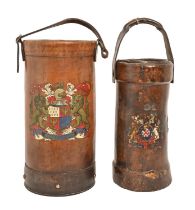 A late 19th c leather cordite bucket, painted with a coat of arms, 44cm h and a later leather