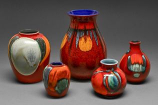 Five Poole Pottery 'Living Glaze' vases, 20th / 21st c, the largest 21cm h, moulded or printed mark