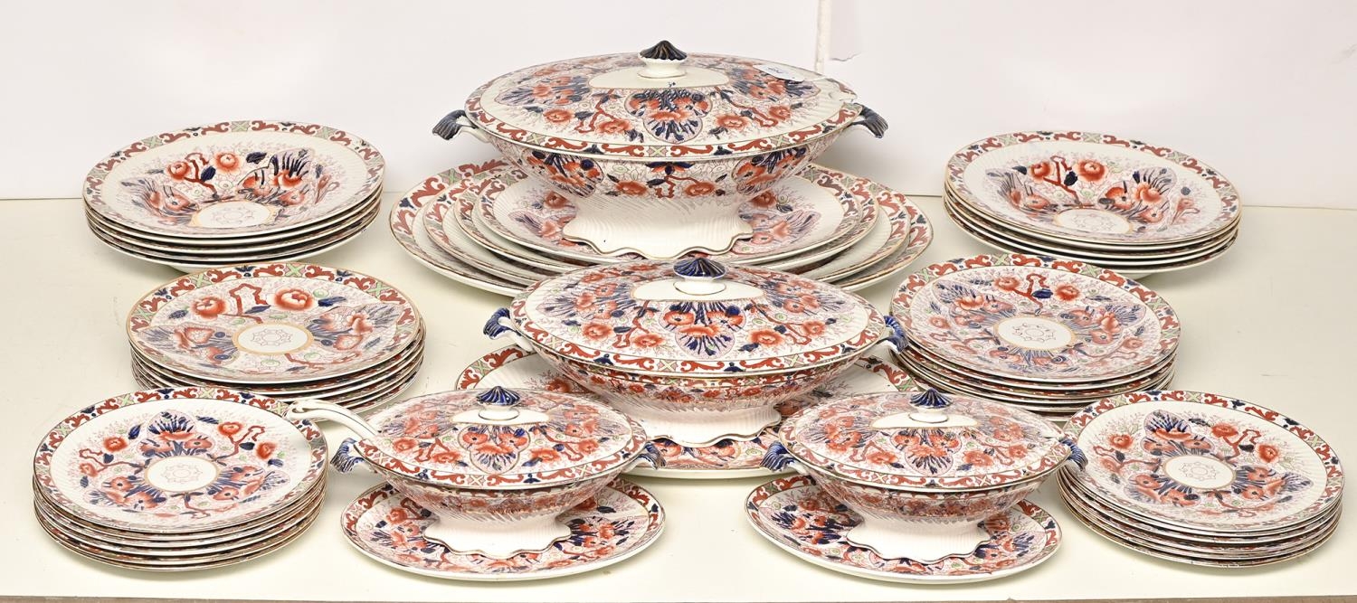 A Royal Staffordshire pottery wrythen fluted Japan pattern Cairo pattern dinner service, c1900, soup