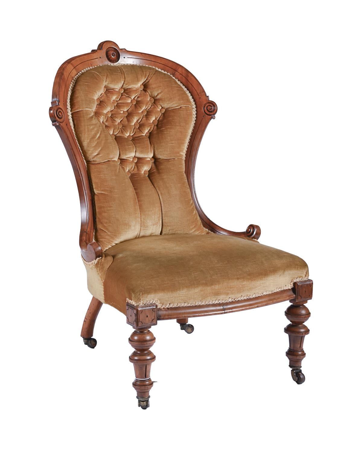 A Victorian walnut nursing chair, upholstered in green button back fabric, seat height 38cm Good