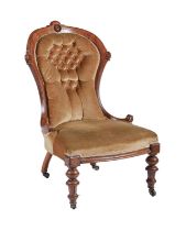 A Victorian walnut nursing chair, upholstered in green button back fabric, seat height 38cm Good