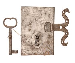 A George III steel trunk lock and key, lockplate 12 x 16cm