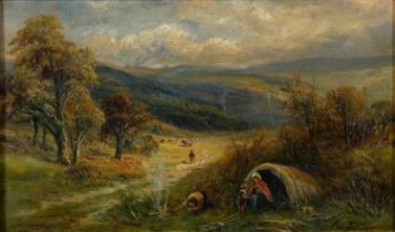 George Turner (1841-1910) - Gypsies on the Common, signed, signed again and inscribed verso, oil