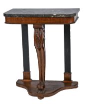 An oak console table, with acanthus leaf and volutes to the front leg, marble slab, 81cm h; 36.5 x