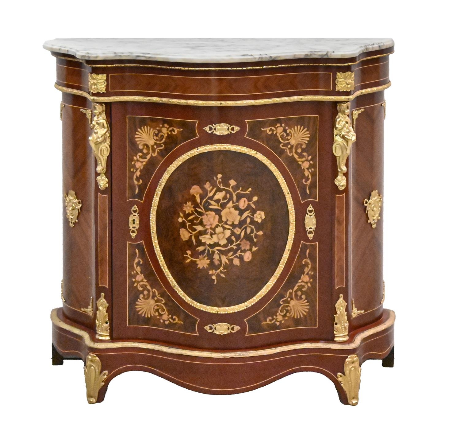 A serpentine mahogany, kingwood and marquetry side cabinet, in Louis XV style, late 20th c, with