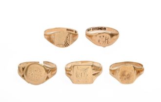 Five 9ct gold signet rings, 11.4g, various sizes All worn; one damaged
