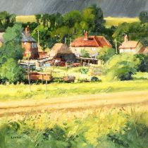 John Lines RBSA, RSMA (1938-)  Valley Farm, signed, oil on board, 25 X 25cm Good condition