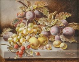 Oliver Clare (1853-1927) - Still Life with Plums, Grapes and other Fruit on Stone Ledge, signed