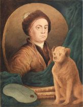 After William Hogarth FRSA - Self-portrait with Trump, his pug dog, inscribed, trompe-l'œil mount,