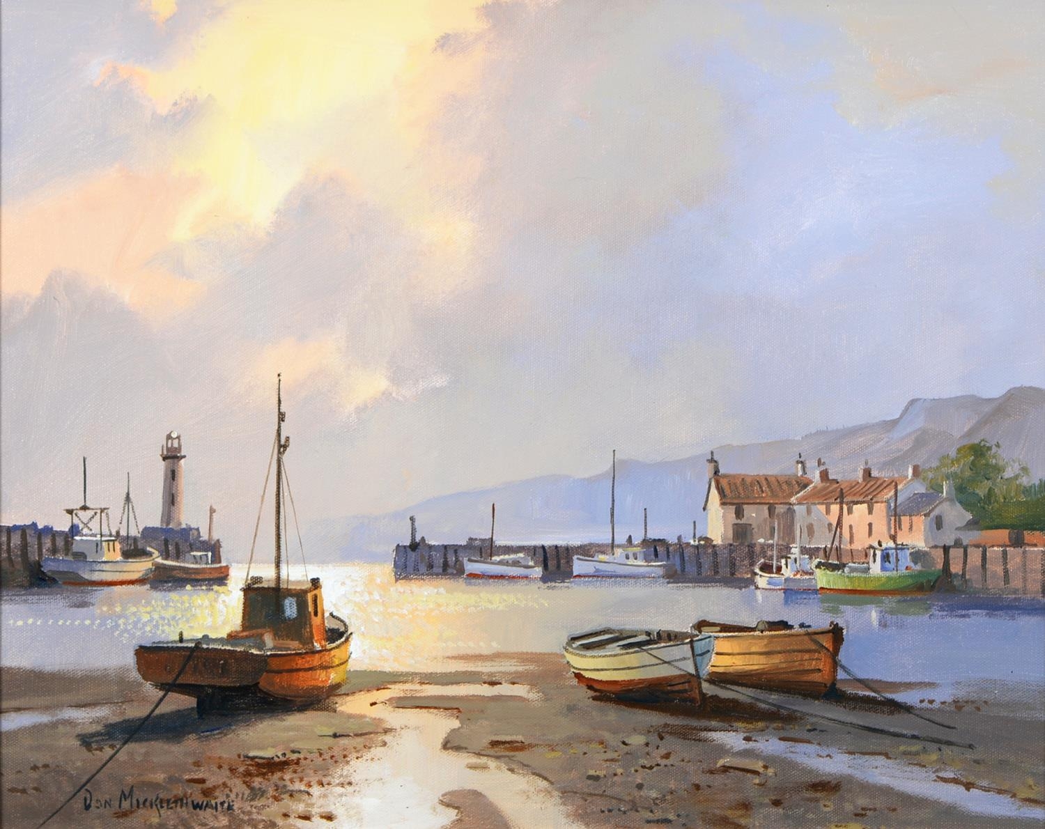 Don Micklethwaite (1936-) - Harbour Scene at Sunset,  signed, oil on canvas, 38.5 x 48.5cm Good