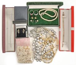 Miscellaneous costume jewellery, including a paste set silver bracelet, cultured and other pearls,