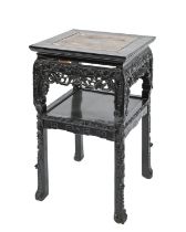 A Chinese carved hardwood jardiniere stand, c1900, with marble inset top, 83cm h; 50 x 51cm Fretwork