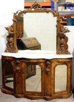 A Victorian serpentine walnut and inlaid side cabinet, the mirror back in moulded frame flanked by