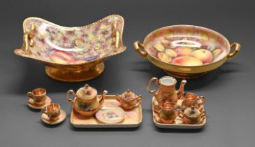 An outside decorated English porcelain comport and fruit bowl, last quarter 20th c, painted by F R