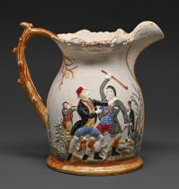 A Staffordshire earthenware 'murder' jug, c1870, moulded in relief and decorated in colours with