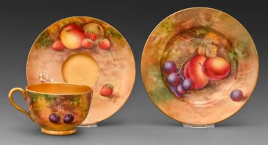 A Royal Worcester teacup, saucer and plate, 1926 and 1929, painted by E Townsend, all signed, with