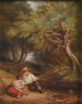 English School, 19th c - Two Children by a Woodland Stream, oil on millboard, 24 x 19cm Good