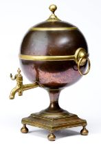 A Regency oxidised copper and brass tea urn,  of spherical shape with ring handles, on square base