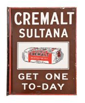 Advertising. CREMALT SULTANA GET ONE TO-DAY red, brown, white and black double sided enamel sign,