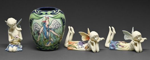Three Old Tupton Ware figures of fairies and a similar jar, jar 14cm h, printed mark, each boxed