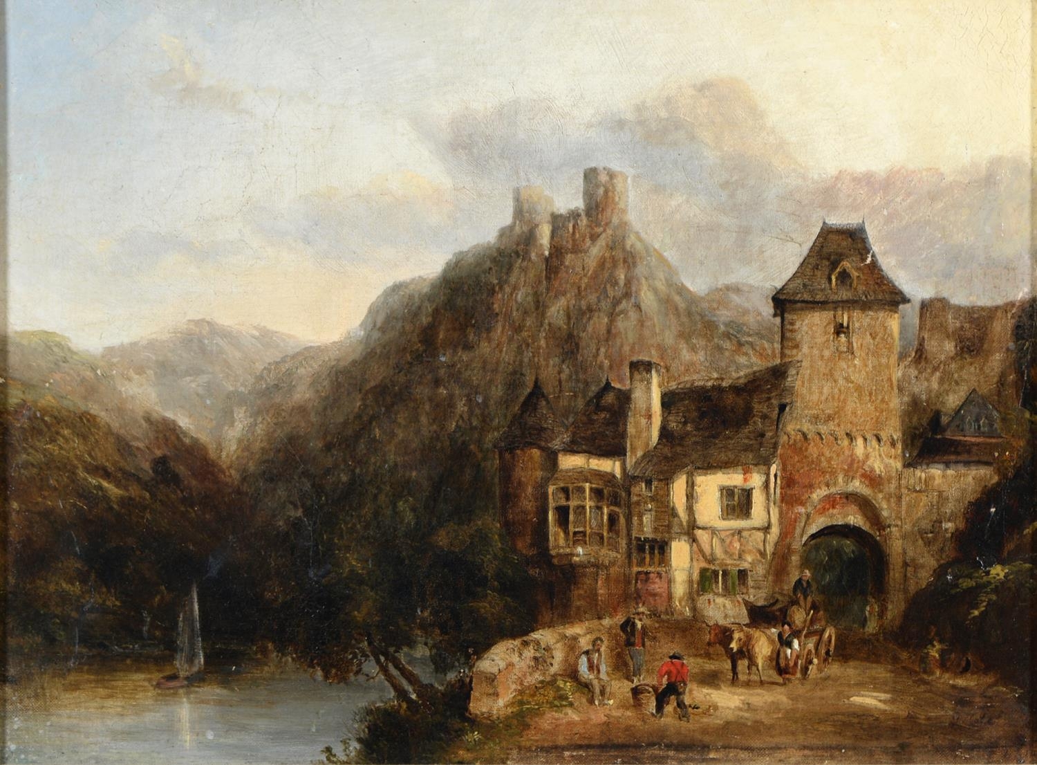 English School, 19th c - Continental Mountainous Landscape with Peasants by a Fortified Gate,