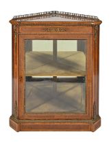 A Victorian walnut, burr walnut and tulipwood corner cabinet, with gilt lacquered brass gallery