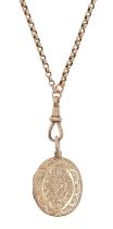 A Victorian gold muff chain, c1900, 150cm l, marked 9c, with contemporary oval gold locket, 25.5g