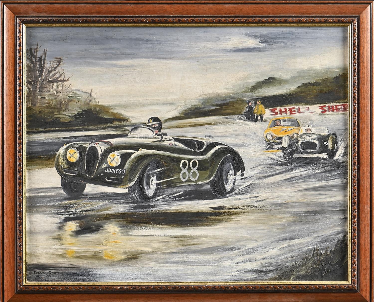 Sylvia Smith, 1965 - Jaguar XK120 in the Lead, signed and dated Jul '65, oil on canvas, 59 x 75cm - Image 2 of 3