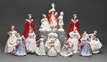 Fifteen Royal Worcester commemorative and other figures of Queen Elizabeth II and young women,