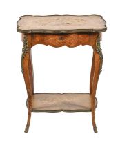 A French serpentine kingwood and marquetry work table, late 19th c, with floral decorated undertier,