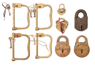 Four brass luggage locks, late 19th c, one marked Harrods, two Victorian brass SAMSON eight lever