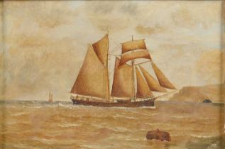 Joe Wilson (19th / 20th c) - A Fore and Aft Rigged sailing Vessel off the Coast, signed, oil on