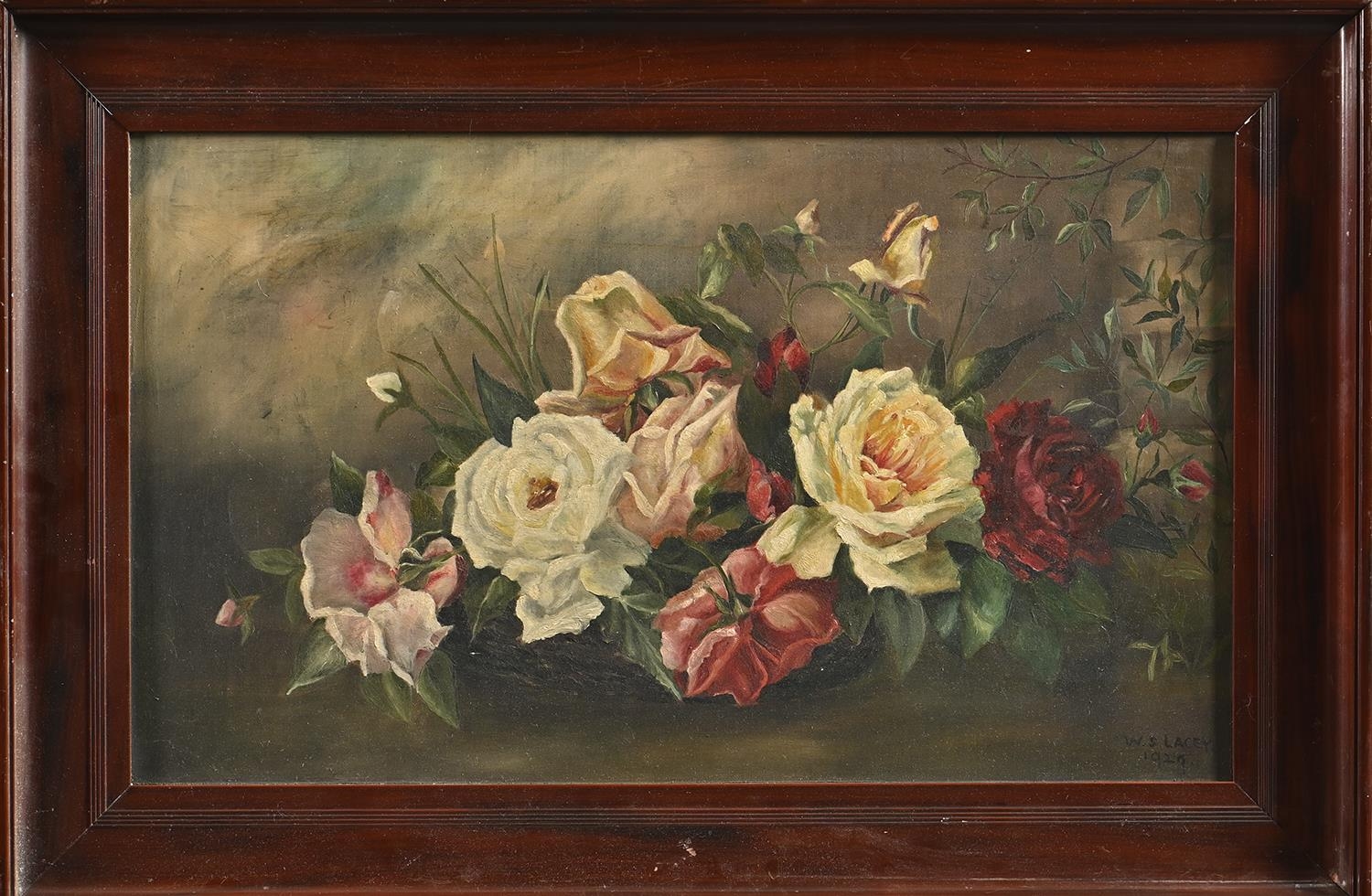 W S Lacey (Fl. early 20th c) - Roses, two, both signed and dated 1929, oil on canvas, 36 x 62cm - Image 5 of 6