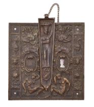 A Continental Historismus cast brass trunk lockplate and latch in Mannerist style, 17 x 17cm