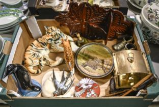 A Soviet Russian earthenware model of a tiger and miscellaneous ornamental ceramics and metalware,