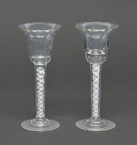 A pair of wine glasses, late 19th / 20th c, the bell bowl on double series opaque twist stem, 15.5cm