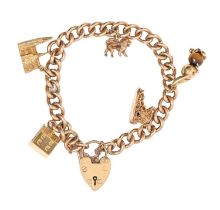 A 9ct gold curb chain adapted as a bracelet from an albert, with 9ct gold padlock and four various