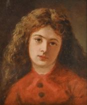 English School, 19th c - Portrait of a Girl in a Red Dress, head and shoulders, bears signature, oil