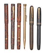 A Waterman Ideal sealing wax red fountain pen, a Blackbird mottled celluloid fountain pen, three