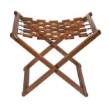 An early 20th c oak folding X-framed stool, with lattice work seat, 42cm h x 51cm w Good condition