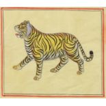 Indian School - Tiger; Tiger, a pair, ink and gouache on cloth in red line border, 19.5 x 22.5cm (2)
