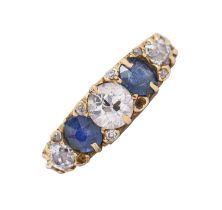A Victorian sapphire and diamond ring, in 18ct gold, marks rubbed, Birmingham c1900, 4g, size K