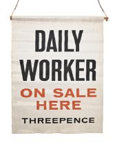 Advertising.  DAILY WORKER ON SALE HERE THREEPENCE newsagent's plastic banner, pre 1966, 50 x