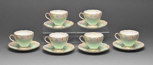 A set of six E Brain & Co Foley China floral cups and saucers, 1930s, saucer 12cm diam, printed mark