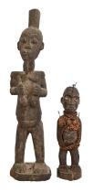 Tribal art. Central Africa - a carved wood Nkisi Nkondi figure, DRC, mid 20th c, 50cm h and a